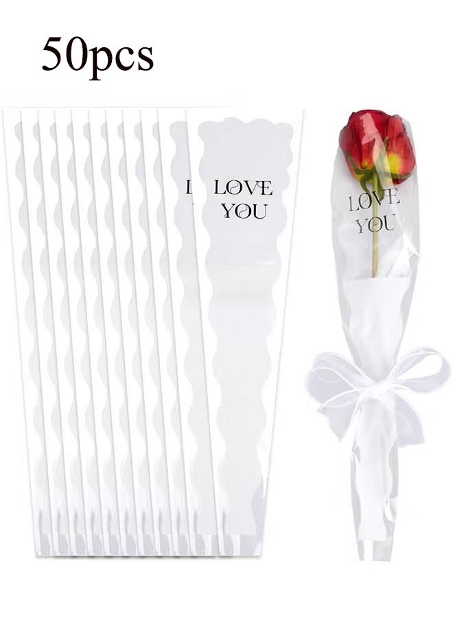 واي جيه 50 كيس تغليف للورد الواحد عبوة كبيرة أبيض من البلاستيك للزهور والورود والقرنفل أكياس لتغليف باقات الورود لعيد الأم، عيد الحب، الزفاف، والحفلات والمناسبات - Image 1